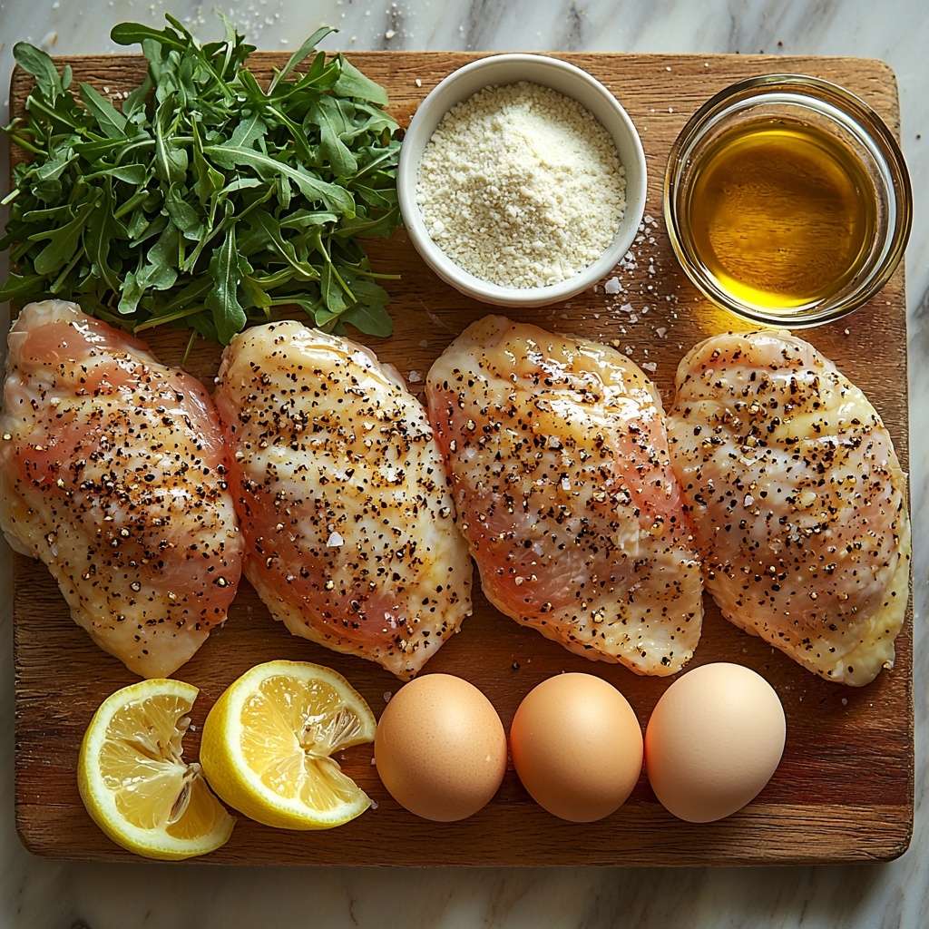 4 boneless, skinless chicken breasts, seasoned with salt and pepper, arranged neatly on a rustic wooden cutting board; small piles of all-purpose flour in a white ceramic bowl, two large eggs beaten with a splash of water in a clear glass bowl, Italian-style breadcrumbs mixed with grated Parmesan cheese in a textured earthenware bowl; a small glass bowl with golden olive oil reflecting soft light; fresh bright yellow lemon wedges placed artfully on a crisp white napkin; handful of vibrant green fresh arugula leaves adding a pop of color; scattered coarse sea salt crystals and whole black peppercorns sprinkled lightly around for natural texture; all ingredients spaced evenly on a clean, light marble countertop, styled with warm natural daylight highlighting the varied textures — smooth chicken, powdery flour, glossy eggs, crunchy breadcrumbs, and fresh greenery; minimal shadows, soft focus on edges, emphasizing freshness and inviting preparation, overhead shot, top down view, flat lay photography, professional food styling --ar 1:1 --q 2 --s 750 --v 6.1