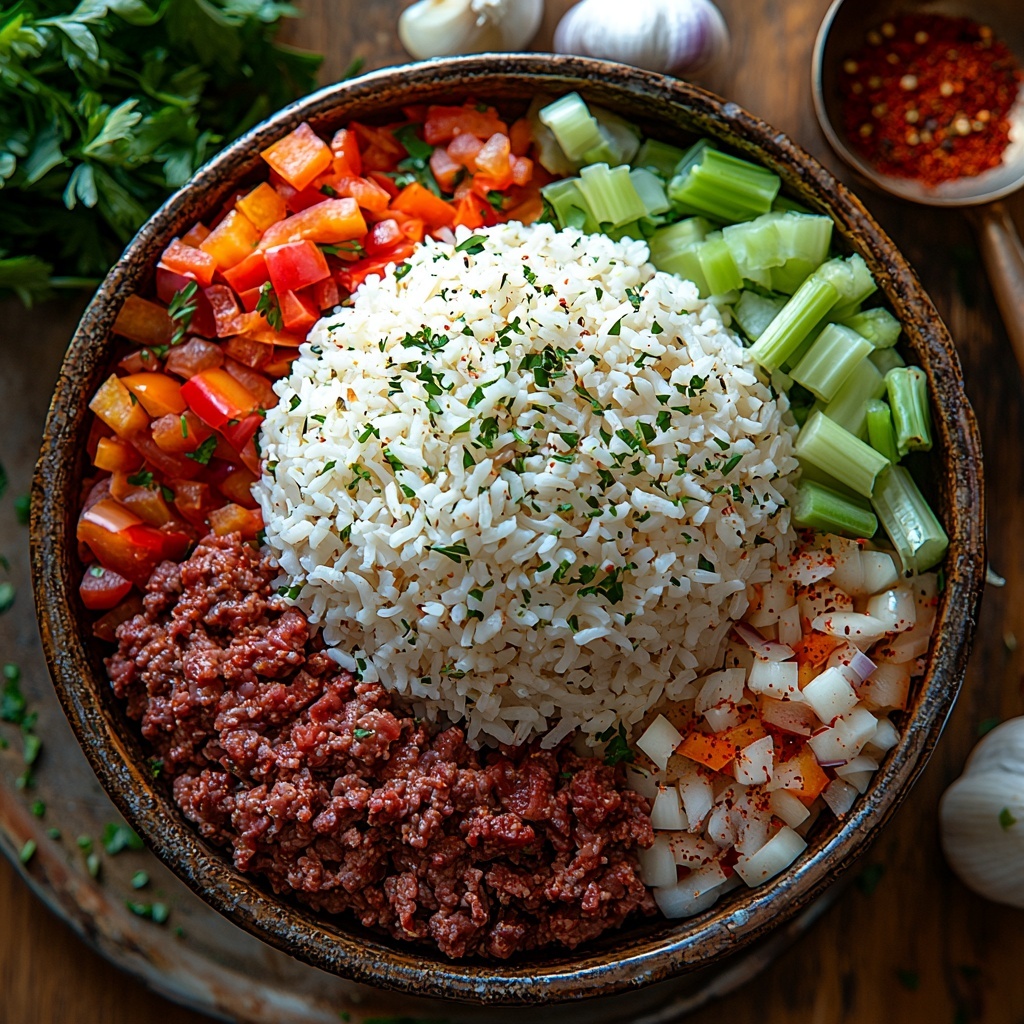 /Imagine vibrant flat lay of Southern Style Dirty Rice ingredients artfully arranged on a clean, light wooden surface. Central focus on a small mound of uncooked bright white long-grain rice in a rustic ceramic bowl. Nearby, raw ground beef resting on a vintage silver tray, showing its rich red and marbled texture. Finely chopped chicken livers wrapped neatly in parchment paper, deep reddish-brown with a glossy sheen. Freshly chopped onion pieces, translucent white with purple tinges, scattered beside diced green bell pepper and celery showcasing crisp, bright greens. Three cloves of garlic, peeled and whole, their creamy white skins contrasting with the other veggies. A small heap of Cajun seasoning in warm reddish-brown hues with visible flecks of chili and paprika powder artfully sprinkled nearby. Salt and black peppercorns displayed in small glass bowls, highlighting white grains and dark specks respectively. A small bunch of fresh parsley with lush, vibrant green leaves adds a pop of color. A copper measuring spoon containing golden oil or butter rests nearby, shining softly under studio lighting. The ingredients arranged with careful spacing to highlight textures and colors, with natural shadows giving depth and warmth. Overall composition balanced, clean, and inviting with subtle rustic charm, perfect for professional food styling. Overhead shot, top down view, flat lay photography, professional food styling --ar 1:1 --q 2 --s 750 --v 6.1