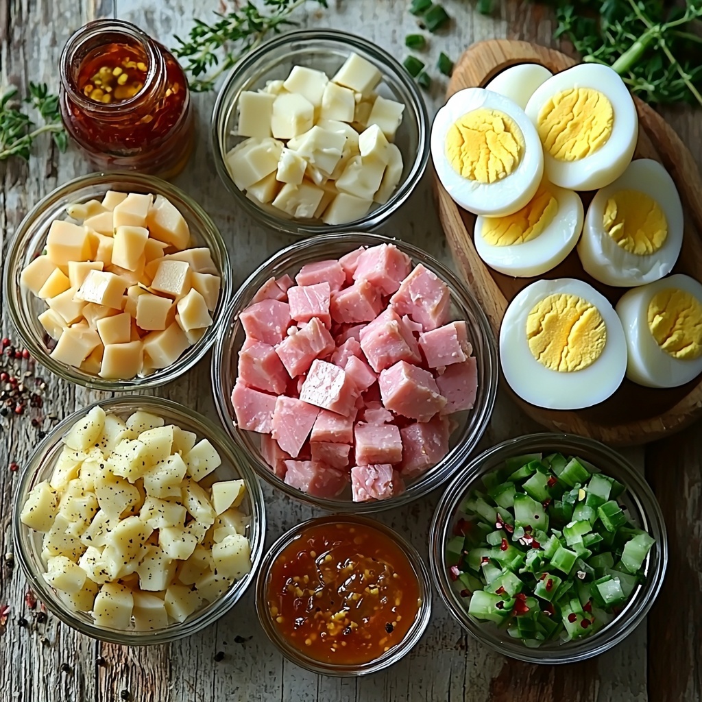 Deviled ham recipe ingredients arranged neatly on a rustic white wooden surface: small glass bowl with diced pink cooked ham pieces, a jar of creamy pale yellow mayonnaise with smooth texture, a small bowl of vibrant golden yellow mustard, a dish holding bright green and yellow sweet pickle relish, a halved hard-boiled egg with firm white and bright yellow yolk finely chopped in a small ramekin, a tiny mound of finely minced translucent white onion, a small ramekin of dark brown Worcestershire sauce, a sprinkle of off-white garlic powder on a wooden spoon, a small bowl with freshly ground black pepper specks, a teaspoon of creamy white prepared horseradish in a vintage ceramic spoon, a bunch of finely chopped fresh bright green chives, a scattering of reddish-orange paprika powder on the surface, and a small bottle of deep red Louisiana-style hot sauce. Each ingredient clearly visible and distinct, colors vibrant with natural daylight creating soft shadows. Clean, minimalistic styling with occasional sprigs of fresh herbs and textured linen napkin nearby for contrast. Overhead shot, top down view, flat lay photography, professional food styling --ar 1:1 --q 2 --s 750 --v 6.1