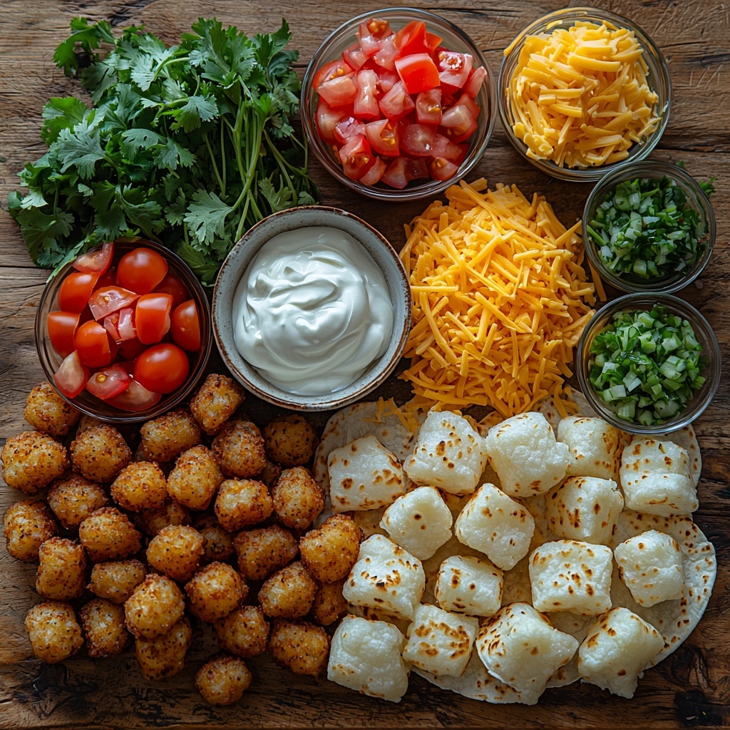 tater tots arranged in a small rustic bowl, golden and crispy texture; cooked ground beef browned and crumbly on a white ceramic plate; shredded cheddar cheese bright orange, loosely piled next to a separate pile of shredded Monterey Jack cheese, creamy white with a slightly soft texture; a small glass bowl of smoky chipotle sauce deep reddish-brown with a smooth glossy surface; six warm, soft flour tortillas stacked in a neat pile, slightly off-white with subtle toasty spots; sour cream in a small white porcelain dish, thick and creamy with a smooth glossy finish; small clear bowls of vibrant diced tomatoes bright red and juicy, chopped green onions vivid green with fresh crispness, and fresh cilantro sprigs rich green with delicate leaves; all ingredients carefully spaced on a clean, light natural wood surface to enhance colors and textures, with soft natural lighting casting gentle shadows; minimalist styling emphasizing freshness and comfort food vibes, slight crumbs and a few scattered herbs for authenticity; overhead shot, top down view, flat lay photography, professional food styling --ar 1:1 --q 2 --s 750 --v 6.1