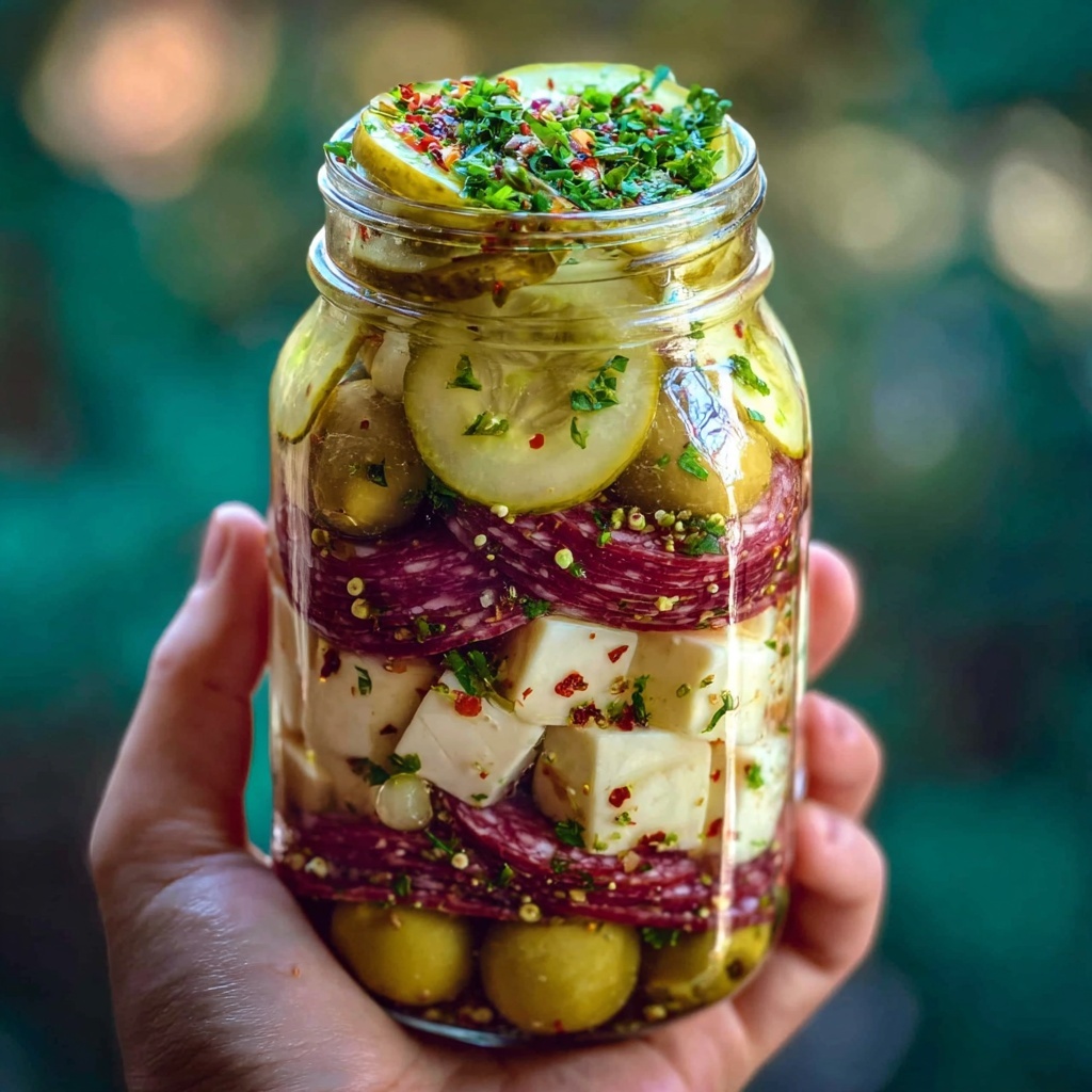 Easy Marinated Cheese Appetizer with Salami & Pickles Recipe - Recipe Image