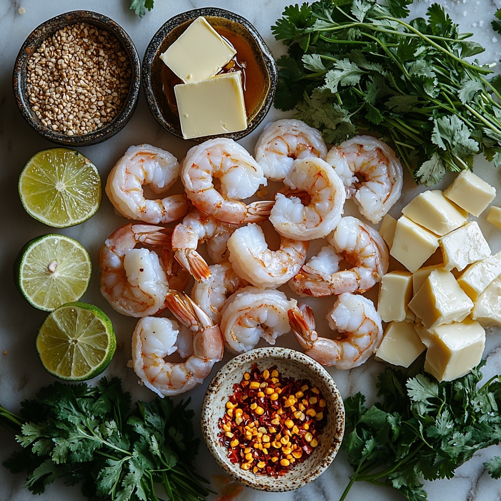 A clean white marble surface with all the main ingredients for Hawaiian Garlic Shrimp neatly arranged for an overhead flat lay: raw large shrimp peeled and deveined, glossy and pinkish with subtle translucent details; a small vintage bowl of golden unsalted butter cubes; fresh garlic cloves peeled and minced with fragrant texture; finely minced pale yellow fresh ginger; a small rustic dish of dark amber soy sauce next to a tiny bowl of thick golden honey; a halved lime with bright green skin and juicy segments, plus several lime wedges arranged around; a small heap of vibrant red pepper flakes adding a pop of color; scattered coarse salt crystals and freshly ground black pepper; fresh green onion stalks chopped with bright white and emerald green rings; sprigs of fresh cilantro leaves with delicate, lacy green foliage placed thoughtfully; all elements spaced evenly with natural soft daylight casting gentle shadows, styled for inviting, vibrant color contrast and texture harmony. overhead shot, top down view, flat lay photography, professional food styling --ar 1:1 --q 2 --s 750 --v 6.1