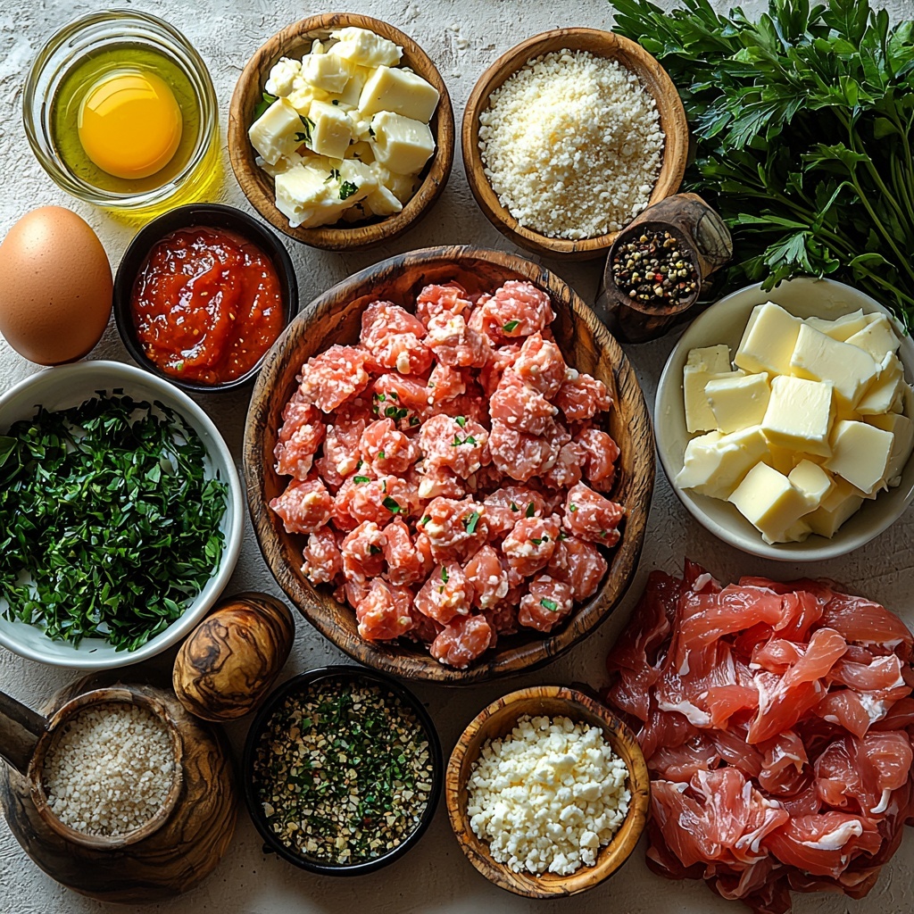 /Imagine prompt: A clean, bright kitchen surface featuring all main ingredients for Parmesan Chicken Meatloaf neatly arranged in a visually balanced flat lay. Centered are small bowls containing finely diced golden-brown sautéed onions and minced garlic with their glossy textures visible. Nearby, a rustic wooden bowl holds 900g of raw ground chicken with a soft, pale pink color. Scattered around are small white dishes with 60g seasoned breadcrumbs and 2 tablespoons panko breadcrumbs, both showing crumbly textures. A small glass of 2 teaspoons creamy milk and a cracked raw egg with vibrantly orange yolk on a white ceramic plate add color contrast. Fresh parsley sprigs and chopped green parsley leaves provide bright herbal pops of color, alongside a small bowl of Italian seasoning in earthy brown and green hues. Shiny slivers of mozzarella cheese strings cut into 1cm slices, soft shredded mozzarella piled loosely, and two piles of grated Parmesan cheese (30g and 20g) with fine, flaky textures are artfully positioned. A small dish holds 2 tablespoons golden olive oil with a glossy surface, and nearby a small ramekin of thick, rich red marinara sauce adds vivid color. A tablespoon of melted butter glistens in a tiny vessel, reflecting light. The overall composition features harmonious color contrasts of creamy whites, fresh greens, golden browns, and vibrant reds against a neutral, lightly textured white background. Soft natural lighting enhances the fresh textures and colors, with minimal shadows. The arrangement is styled with modern rustic charm, incorporating small wooden and ceramic bowls, clean lines, and brushed linen props for an inviting, professional culinary presentation. Overhead shot, top down view, flat lay photography, professional food styling --ar 1:1 --q 2 --s 750 --v 6.1