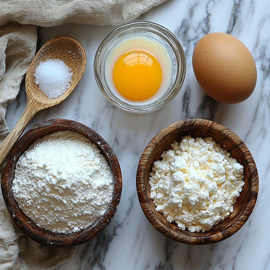 flour in a small white ceramic bowl with a slightly dusted rim, granulated sugar in a clear glass measuring cup, golden baking powder in a tiny vintage metal spoon, a single fresh brown egg with a smooth shell, a glass measuring cup filled with creamy white milk, all neatly arranged on a clean, light wooden surface with soft natural lighting highlighting the textures and subtle shadows, a linen napkin folded delicately beside the ingredients, minimalistic and airy composition emphasizing the contrast between the white flour, sugar, and milk against the warm wood tones, gentle reflections on the glass, rustic yet elegant flat lay styling -- overhead shot, top down view, flat lay photography, professional food styling --ar 1:1 --q 2 --s 750 --v 6.1