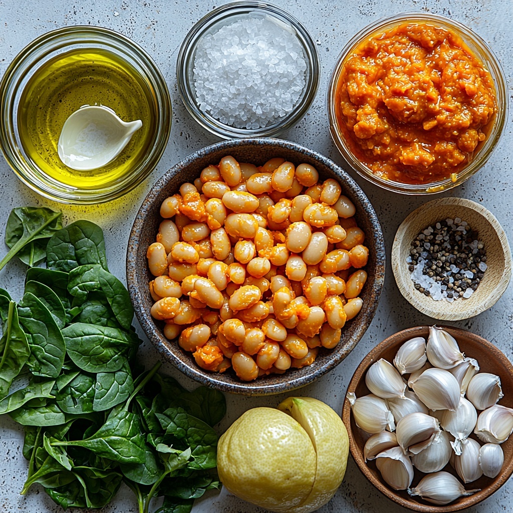 a clean, bright surface arranged with main ingredients of creamy pumpkin butter beans recipe: a small glass bowl of golden olive oil, a neatly diced medium yellow onion with its soft translucent texture, two cloves of garlic peeled and halved showing smooth papery skin, two open cans of white butter beans rinsed and drained in a rustic ceramic bowl, a clear measuring cup filled with vibrant orange canned pumpkin puree, a small glass jug of thick pale heavy cream, a loose pile of fresh bright green baby spinach leaves with visible veins, a wooden spoon sprinkled with coarse white sea salt, a small white dish containing cracked black pepper, a lemon sliced in half showing juicy yellow flesh, and a small bowl of finely chopped fresh parsley with rich green color. Ingredients are spaced evenly on a crisp white background with soft natural light highlighting varied textures: creamy, smooth, leafy, and glossy. Subtle shadows add depth and warmth, styled with minimal rustic props to emphasize freshness and vibrancy. overhead shot, top down view, flat lay photography, professional food styling --ar 1:1 --q 2 --s 750 --v 6.1