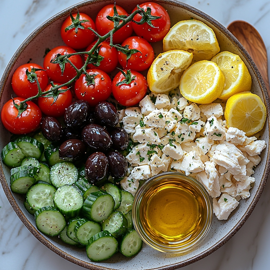 Flat lay photography of Greek Chicken Salad ingredients arranged on a clean white marble surface: 2 cups shredded cooked chicken with a tender, slightly golden texture; fresh cucumber slices showing vibrant green skin and pale crisp interior; ripe cherry tomatoes halved, showcasing bright red juicy flesh; glossy black olives scattered for contrast; crumbled white feta cheese with crumbly texture; small glass bowls of golden olive oil and fresh lemon juice with a pale yellow hue; natural light emphasizing the fresh colors and textures, shadows soft and minimal; ingredients spaced evenly with a balanced, harmonious composition, styled with rustic wooden serving utensils and a light linen napkin nearby for warmth and context. overhead shot, top down view, flat lay photography, professional food styling --ar 1:1 --q 2 --s 750 --v 6.1