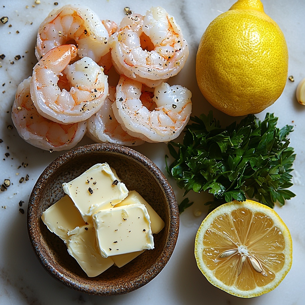 A clean white marble surface with all main ingredients artfully arranged in a balanced flat lay: a heap of raw shrimp with shells on, showcasing their translucent pinkish-gray hues and delicate texture; a small pat of rich golden butter on a wooden butter dish; several peeled garlic cloves scattered casually nearby, their smooth off-white skin contrasting with the surface; a bright yellow lemon sliced in half with visible juicy segments, along with a few lemon wedges arranged symmetrically for color pop. Natural soft light highlighting the buttery sheen on the shrimp and subtle shadows for depth. Minimal rustic props like a small vintage spoon next to the garlic and a sprig of fresh parsley for a splash of green. Overhead shot, top down view, flat lay photography, professional food styling --ar 1:1 --q 2 --s 750 --v 6.1