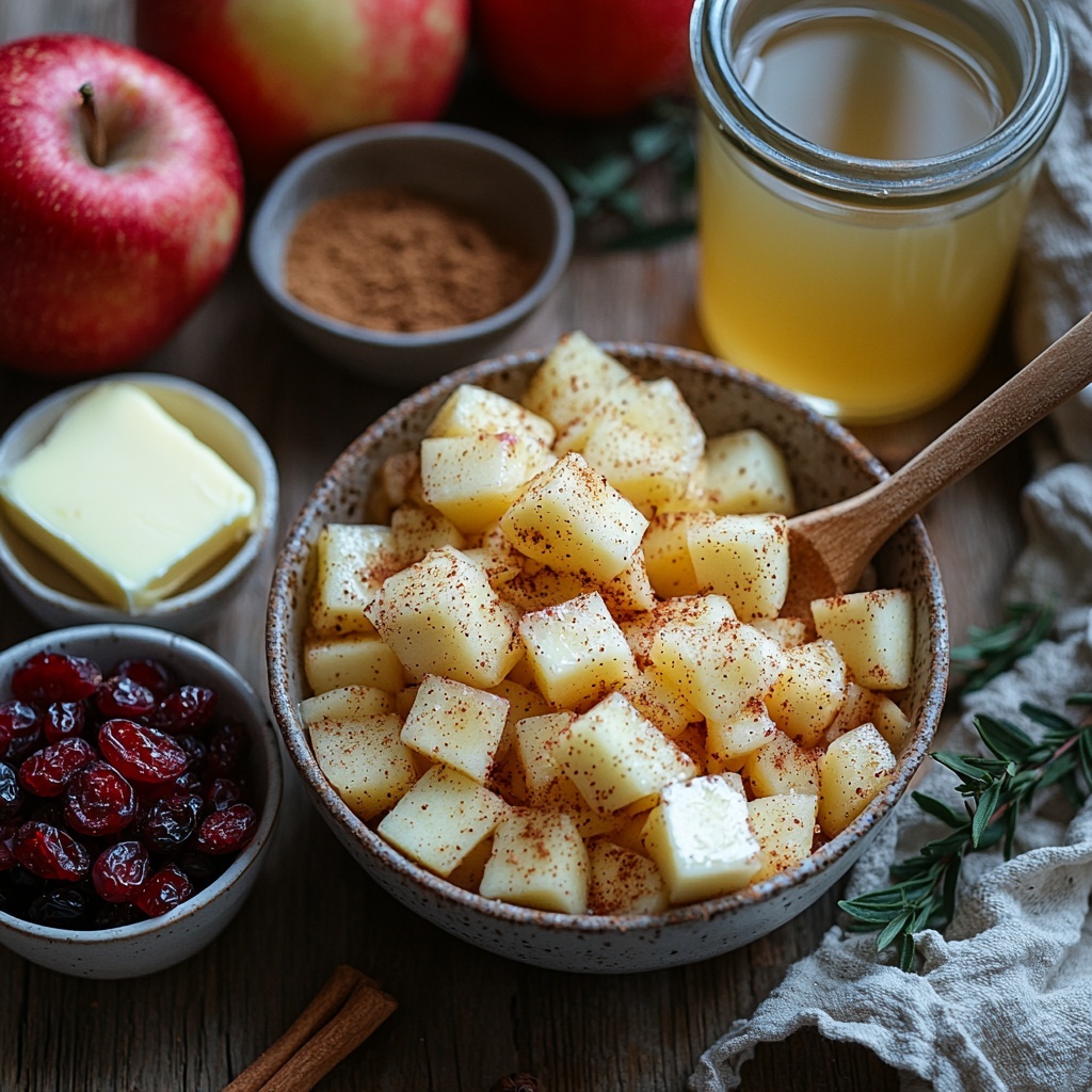 brown sugar in a small rustic bowl with a wooden spoon, ground cinnamon and ground nutmeg in tiny vintage spice jars, three medium apples—one whole, two sliced into bite-sized pieces with skin on—scattered casually, a small bowl of sweetened dried cranberries with deep red hues, 1/4 cup pale yellow butter sliced into neat pats on a white ceramic dish, old-fashioned oats loosely piled in a small glass bowl showing their coarse texture, a clear measuring cup filled with amber apple juice, a small glass of water nearby, a pinch of salt in a tiny white ramekin, all ingredients arranged thoughtfully on a clean light wooden surface with natural daylight casting soft shadows, warm earthy tones and cozy autumn vibes, subtle sprigs of cinnamon sticks and a linen napkin adding organic textures, minimalistic and inviting composition, overhead shot, top down view, flat lay photography, professional food styling --ar 1:1 --q 2 --s 750 --v 6.1