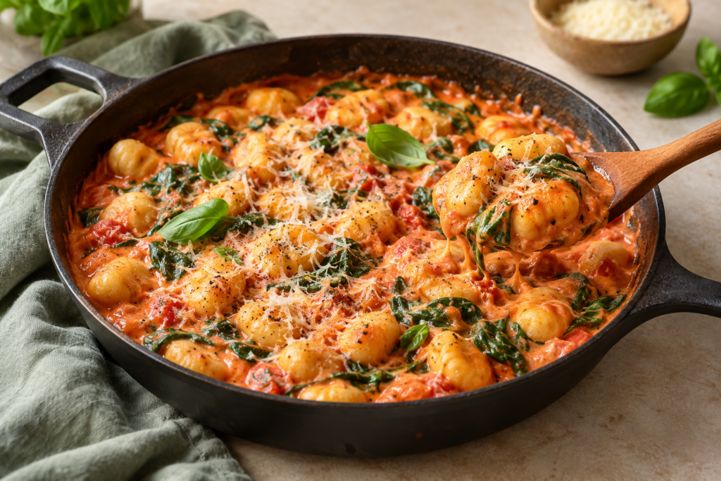Creamy tomato spinach gnocchi with Parmesan in a skillet