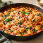 Creamy tomato spinach gnocchi with Parmesan in a skillet