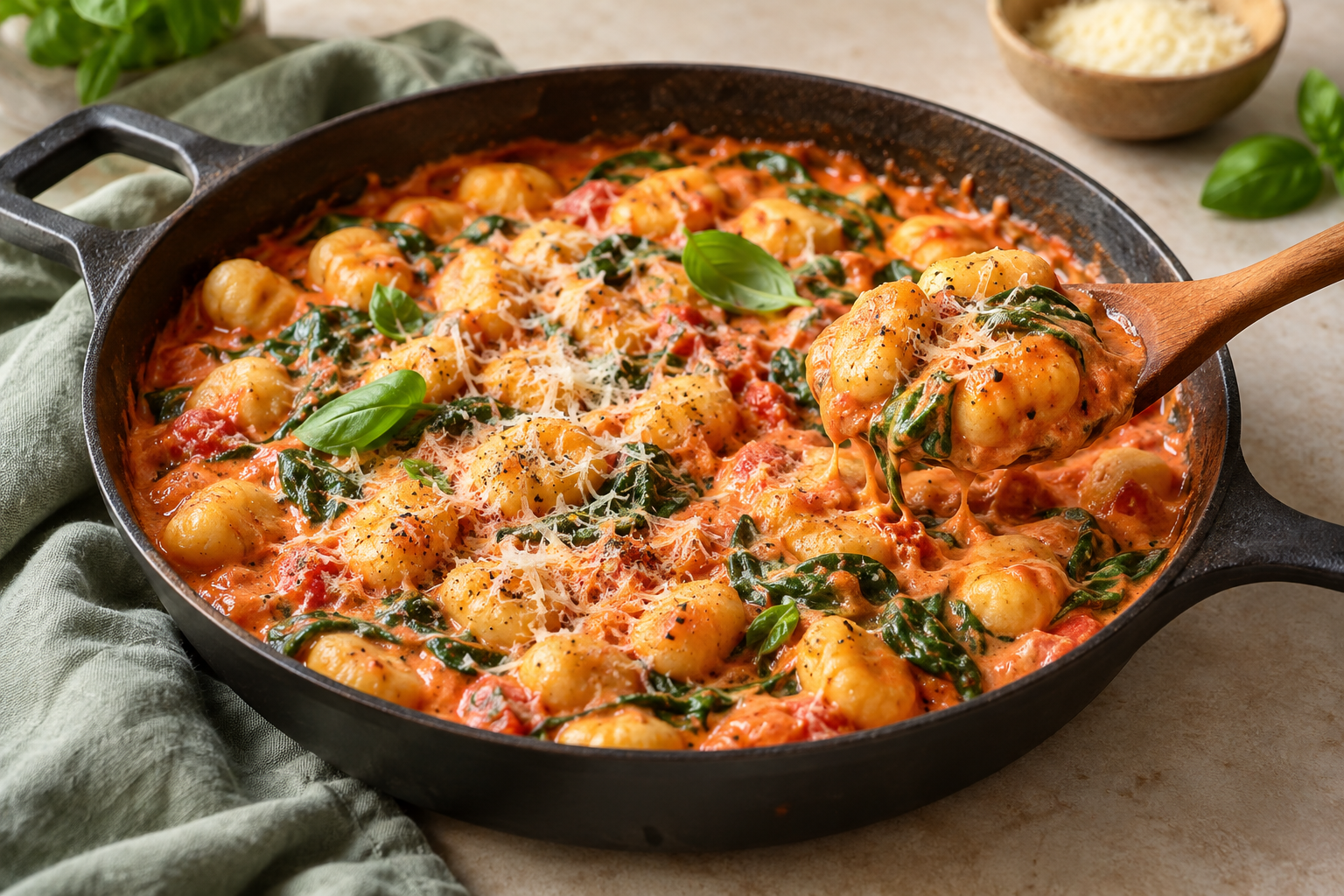 Creamy tomato spinach gnocchi with Parmesan in a skillet