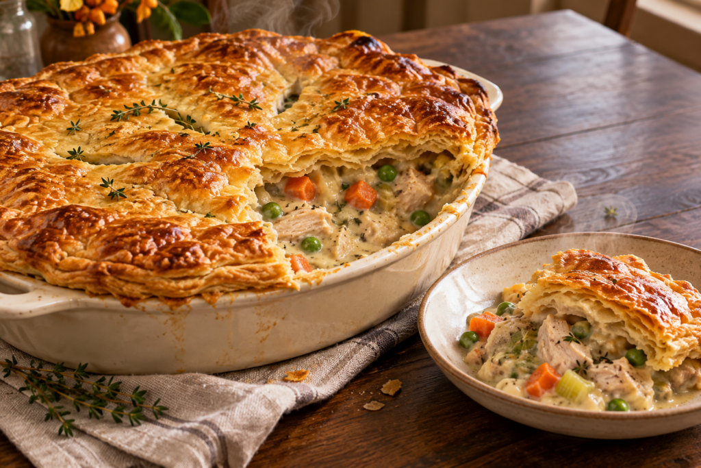 Golden turkey pot pie with puff pastry and creamy vegetable filling