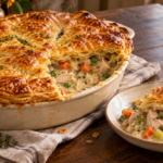 Golden turkey pot pie with puff pastry and creamy vegetable filling