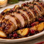 Cranberry Balsamic Pork Loin with Apples served for Christmas