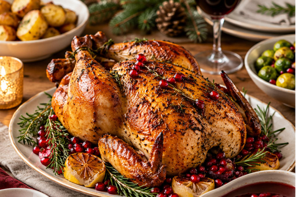 Herb Butter Roast Chicken with Pomegranate Gravy