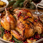 Herb Butter Roast Chicken with Pomegranate Gravy served for Christmas