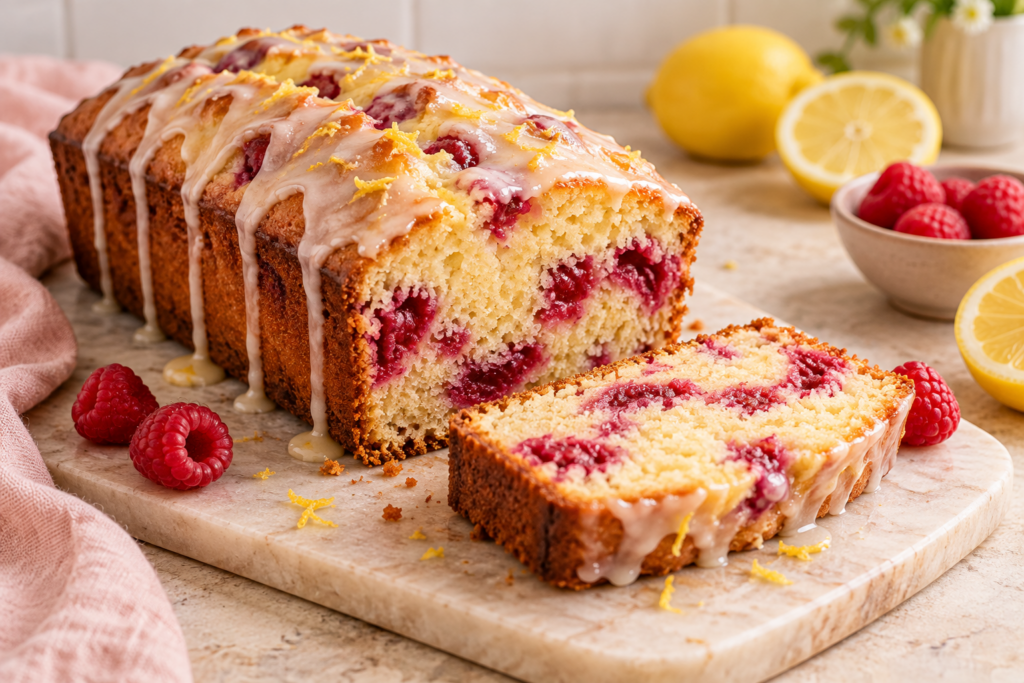 Sliced lemon raspberry loaf cake with lemon glaze