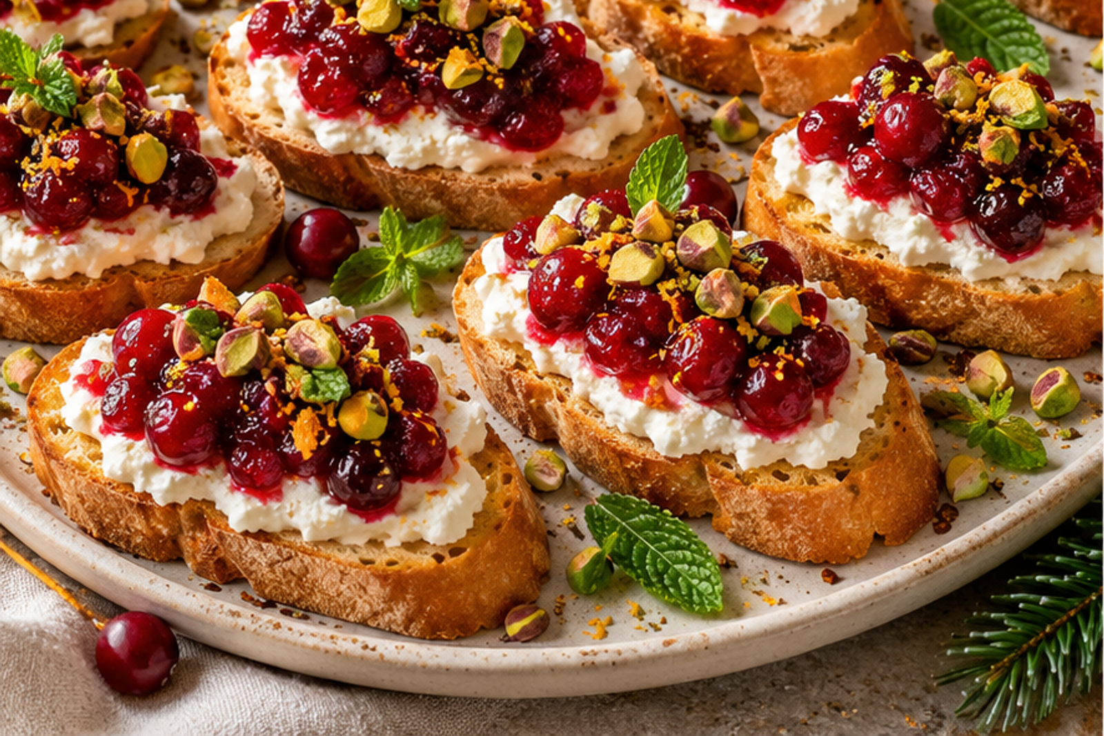 Whipped Feta Cranberry Crostini served for Christmas