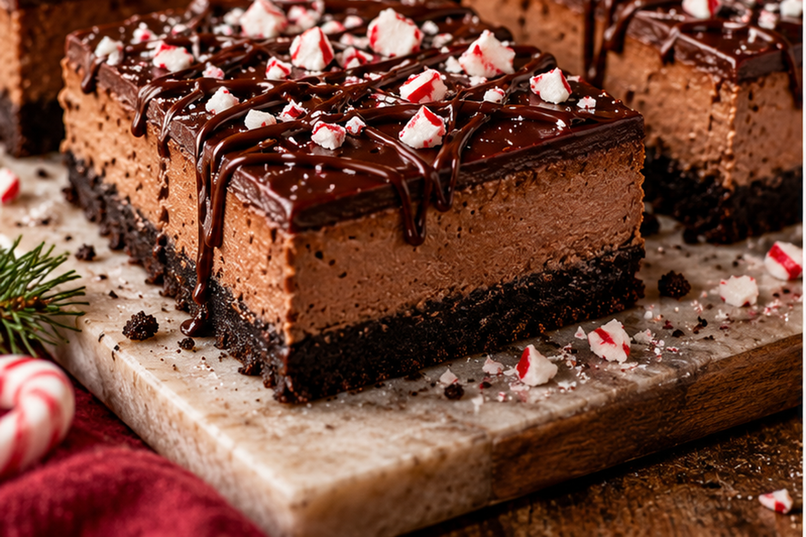 Peppermint Mocha Cheesecake Bars served for Christmas