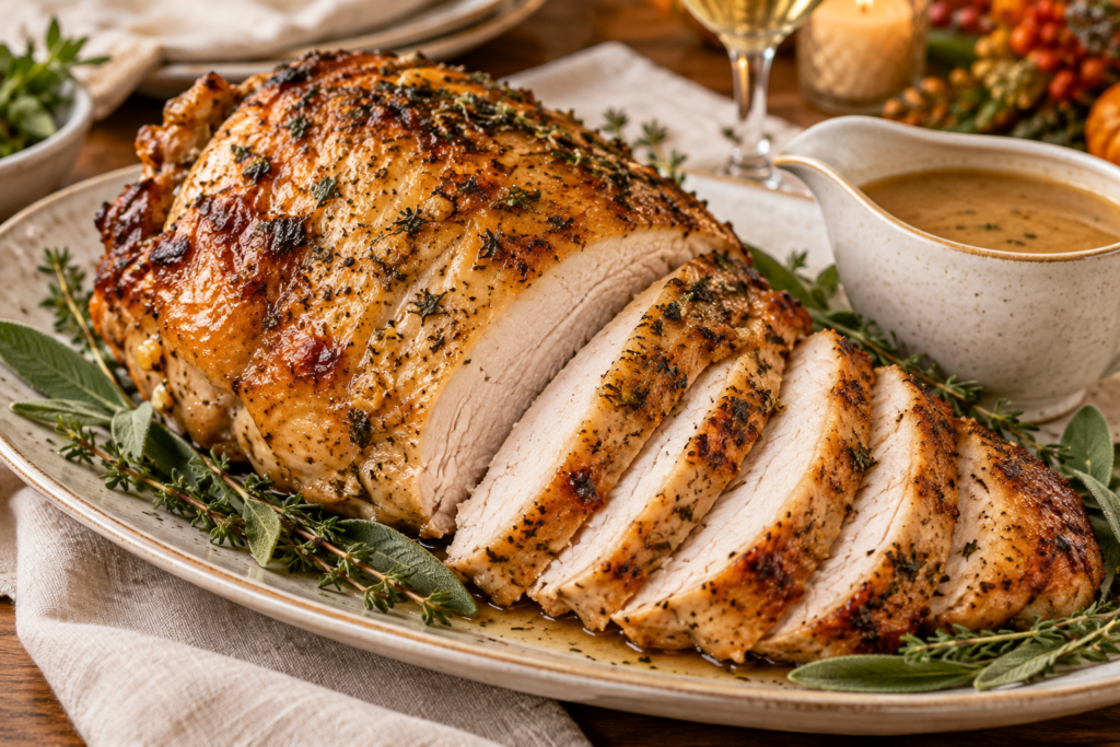 Sliced herb butter roast turkey breast with garlic pan gravy