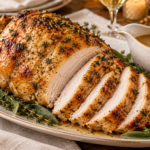 Sliced herb butter roast turkey breast with garlic pan gravy