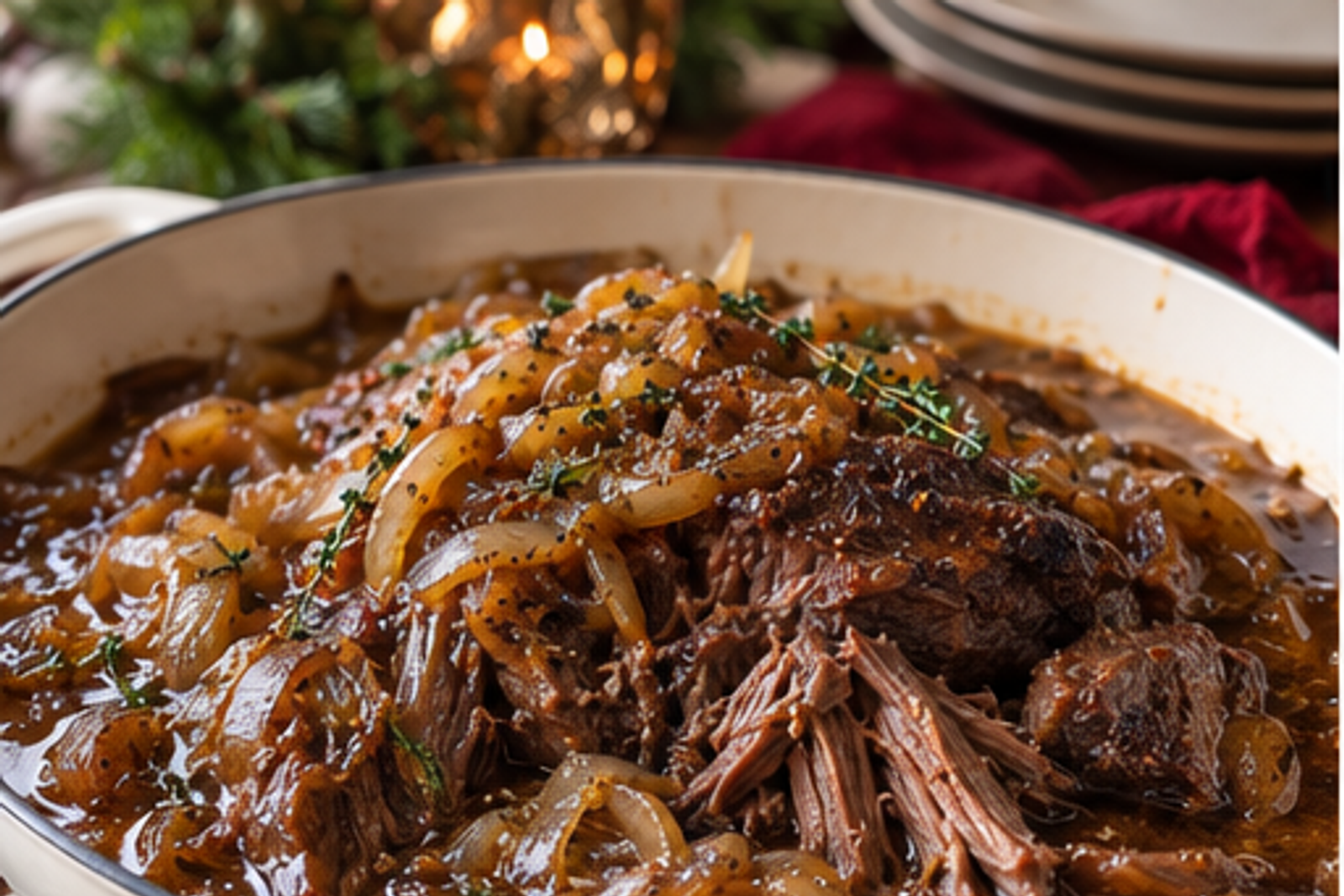 Slow Cooker French Onion Pot Roast served for Christmas