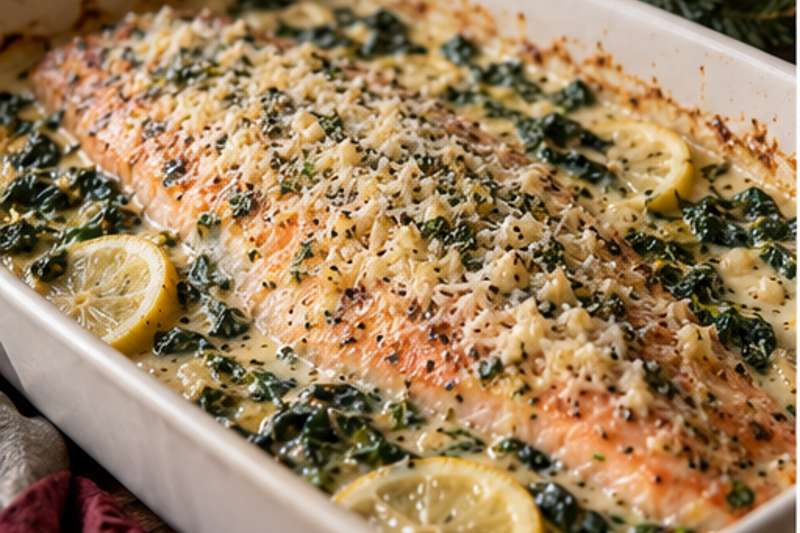 Creamy Garlic Parmesan Salmon Bake served for Christmas