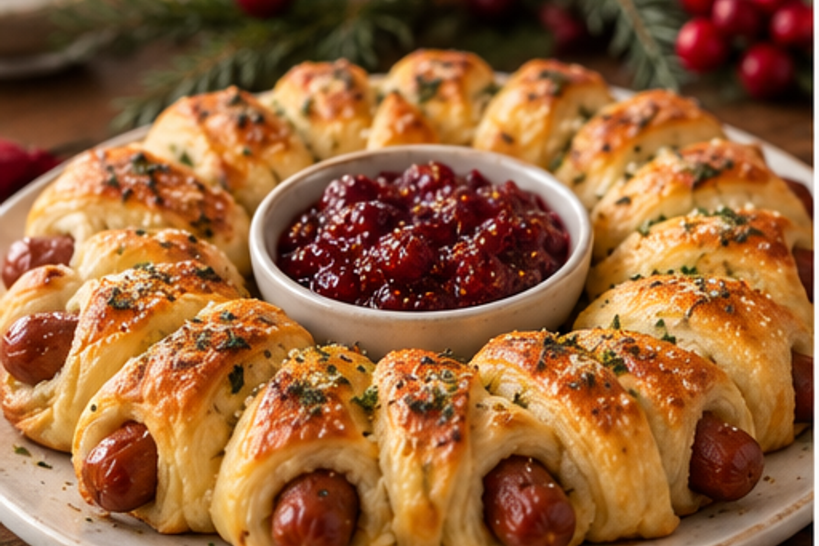 Christmas Pigs in a Blanket Wreath served for Christmas
