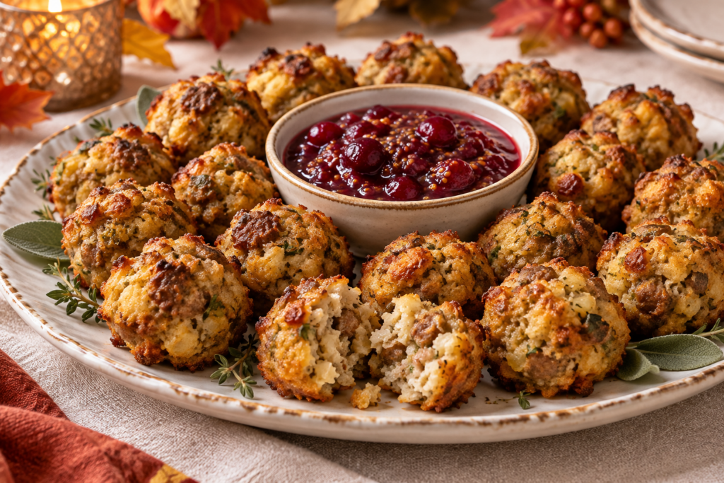 Golden sausage stuffing bites with cranberry mustard dip
