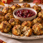 Golden sausage stuffing bites with cranberry mustard dip