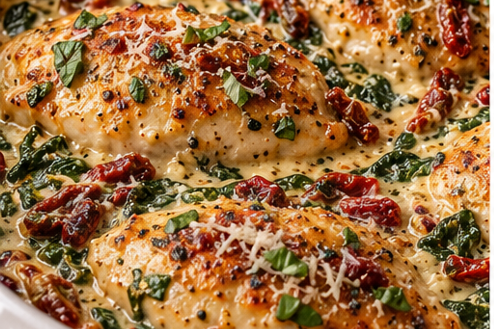 Creamy Tuscan Chicken Bake served for Christmas