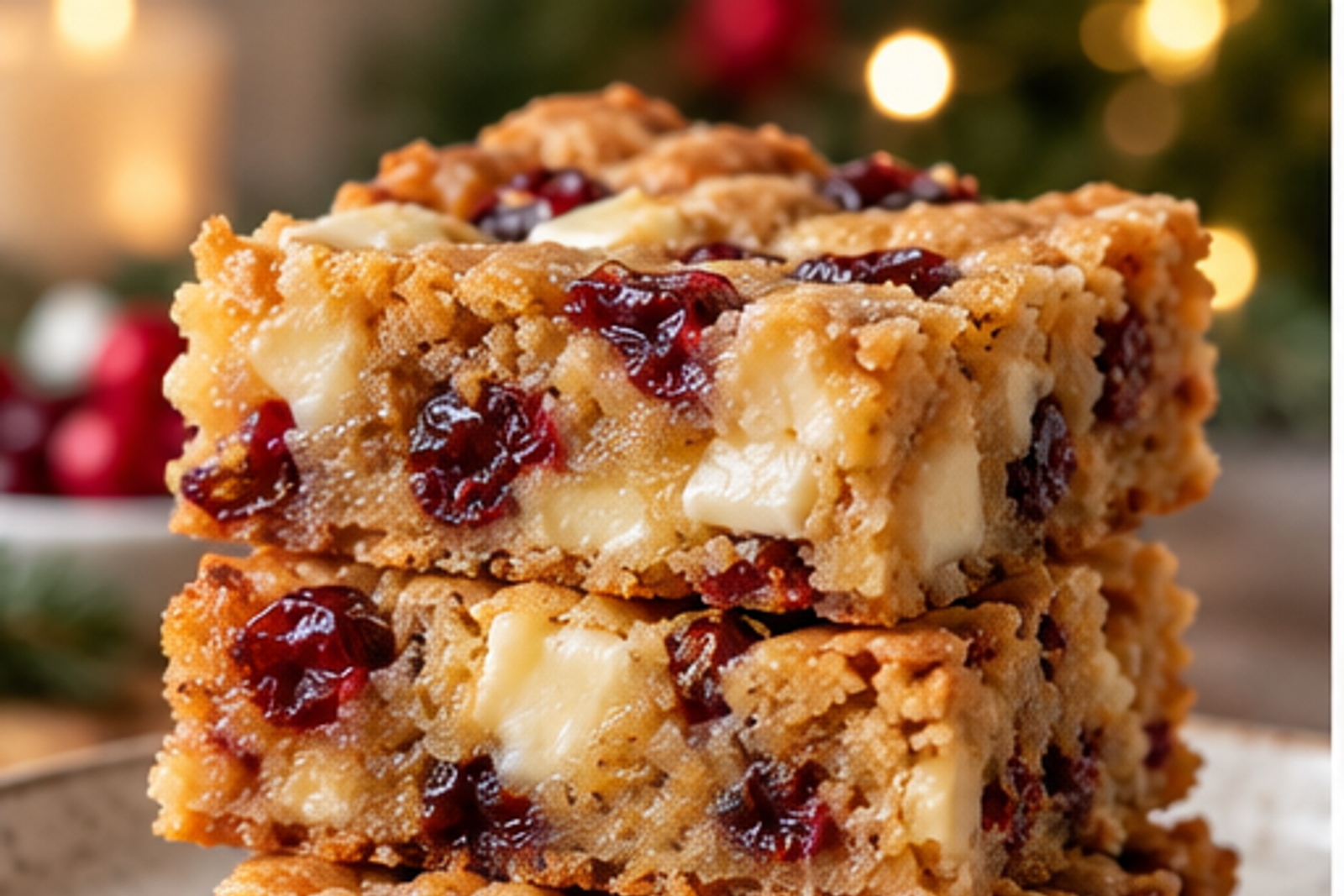 White Chocolate Cranberry Blondies served for Christmas