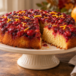 Cranberry orange upside-down cake with a slice removed