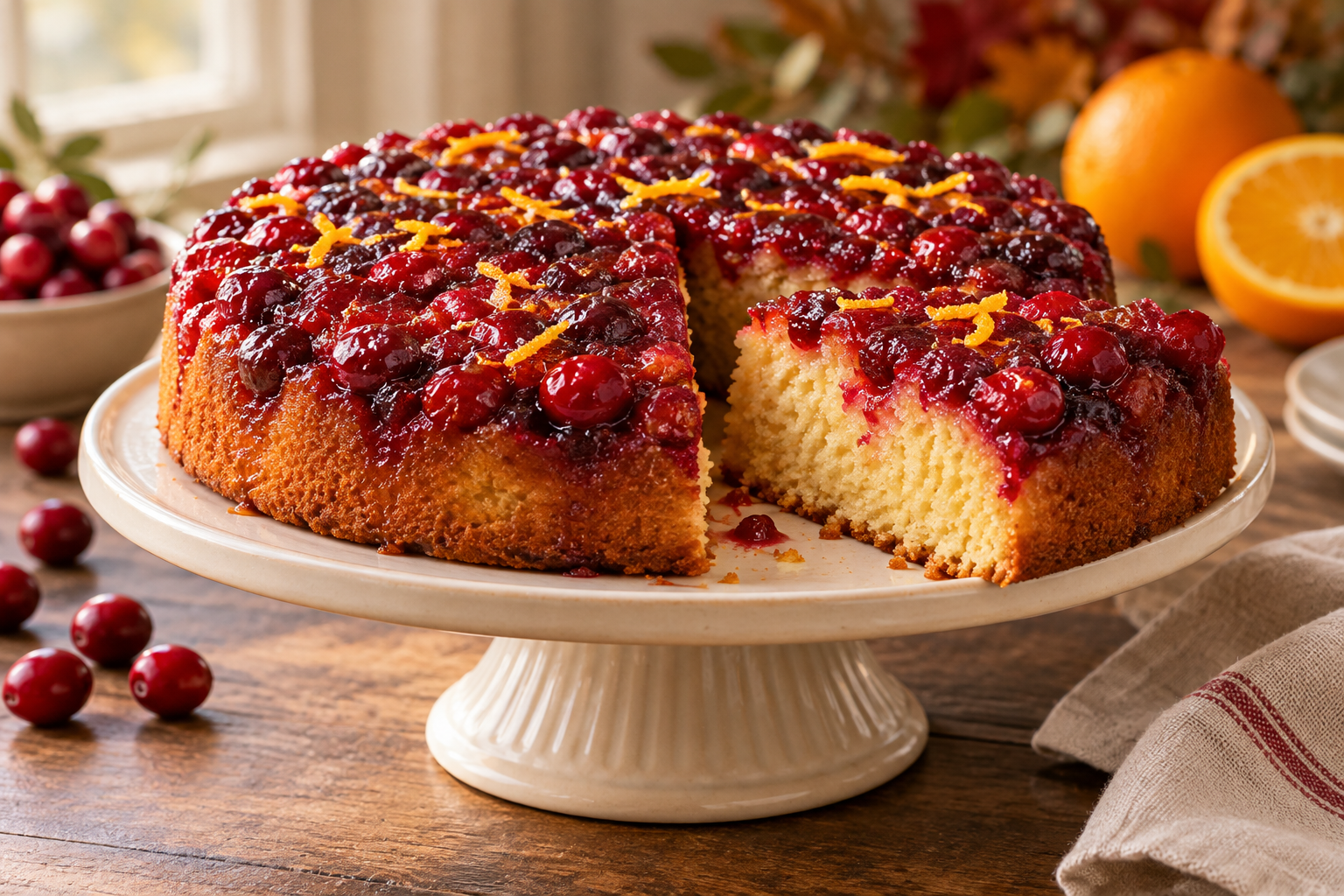 Cranberry orange upside-down cake with a slice removed
