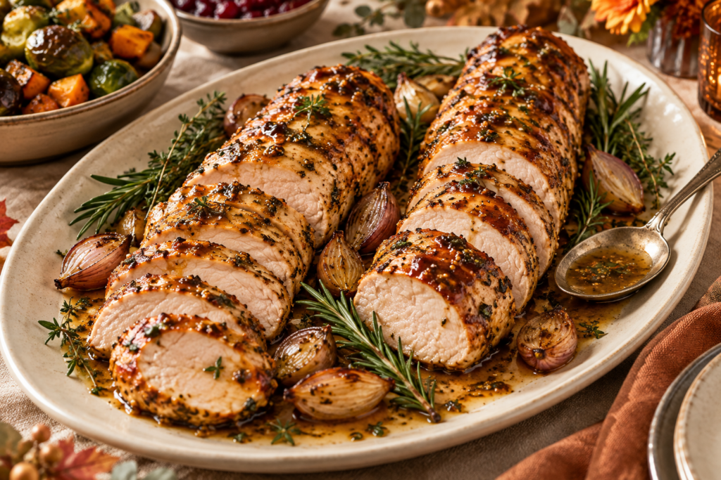 Maple Dijon turkey tenderloin sliced on a Thanksgiving platter