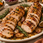 Maple Dijon turkey tenderloin sliced on a Thanksgiving platter