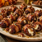 Bacon wrapped dates with goat cheese maple and pecans