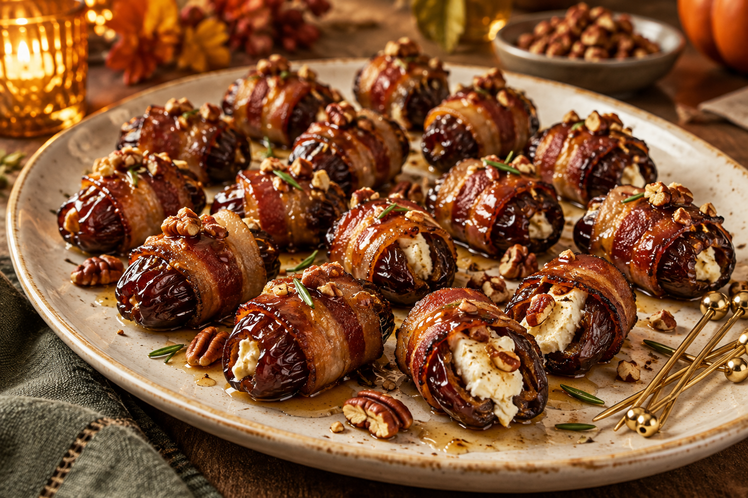 Bacon-wrapped dates with goat cheese maple and pecans