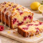 Sliced lemon raspberry loaf cake with lemon glaze