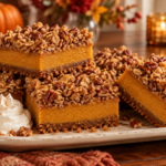 Pumpkin pie bars with pecan streusel and gingersnap crust