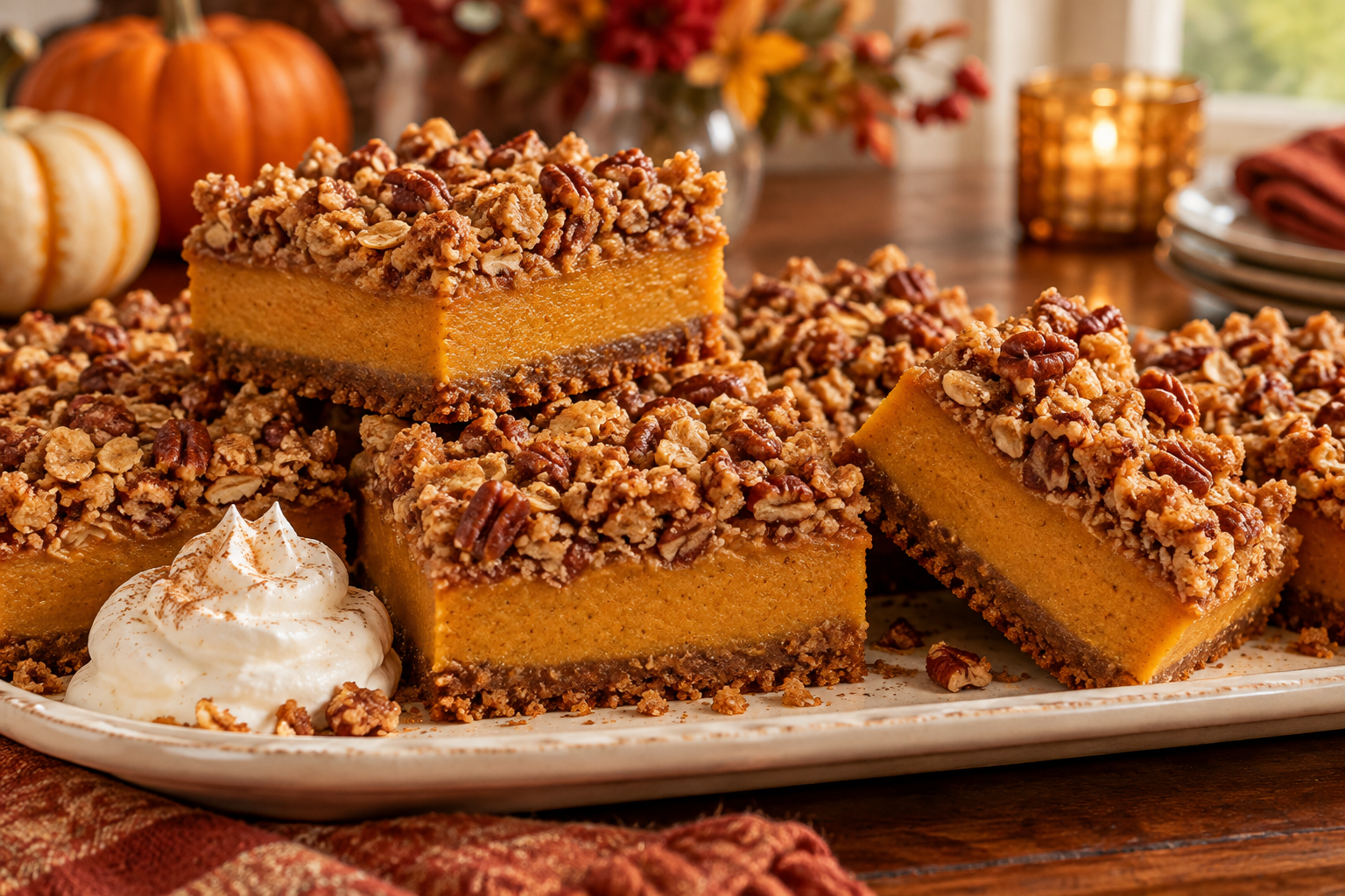 Pumpkin pie bars with pecan streusel and gingersnap crust