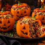 Jack-O'-Lantern stuffed peppers with beef rice and cheese