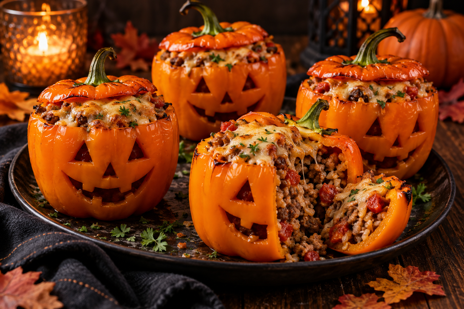 Jack-O'-Lantern stuffed peppers with beef rice and cheese