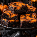 Black cocoa Halloween brownies with orange cheesecake swirl