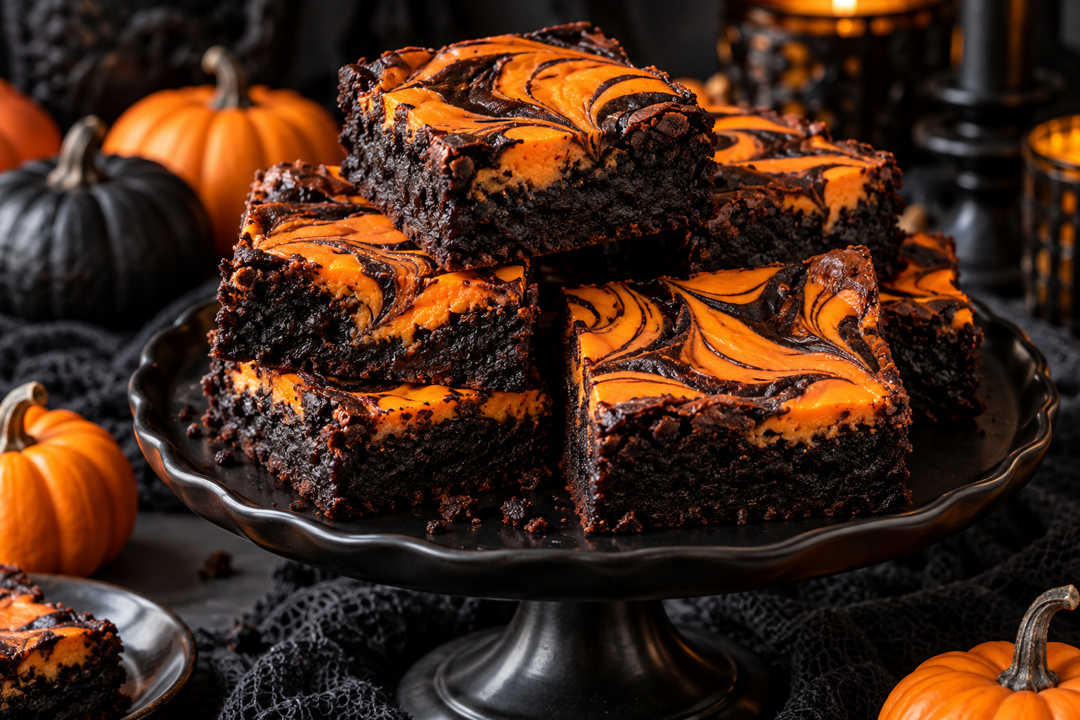 Black cocoa Halloween brownies with orange cheesecake swirl