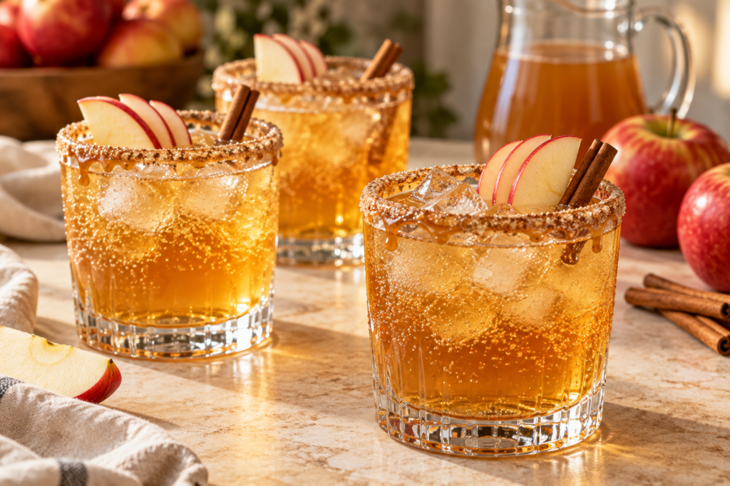 Sparkling caramel apple cider mocktails with apple slices and cinnamon sticks