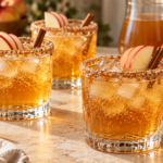 Sparkling caramel apple cider mocktails with apple slices and cinnamon sticks