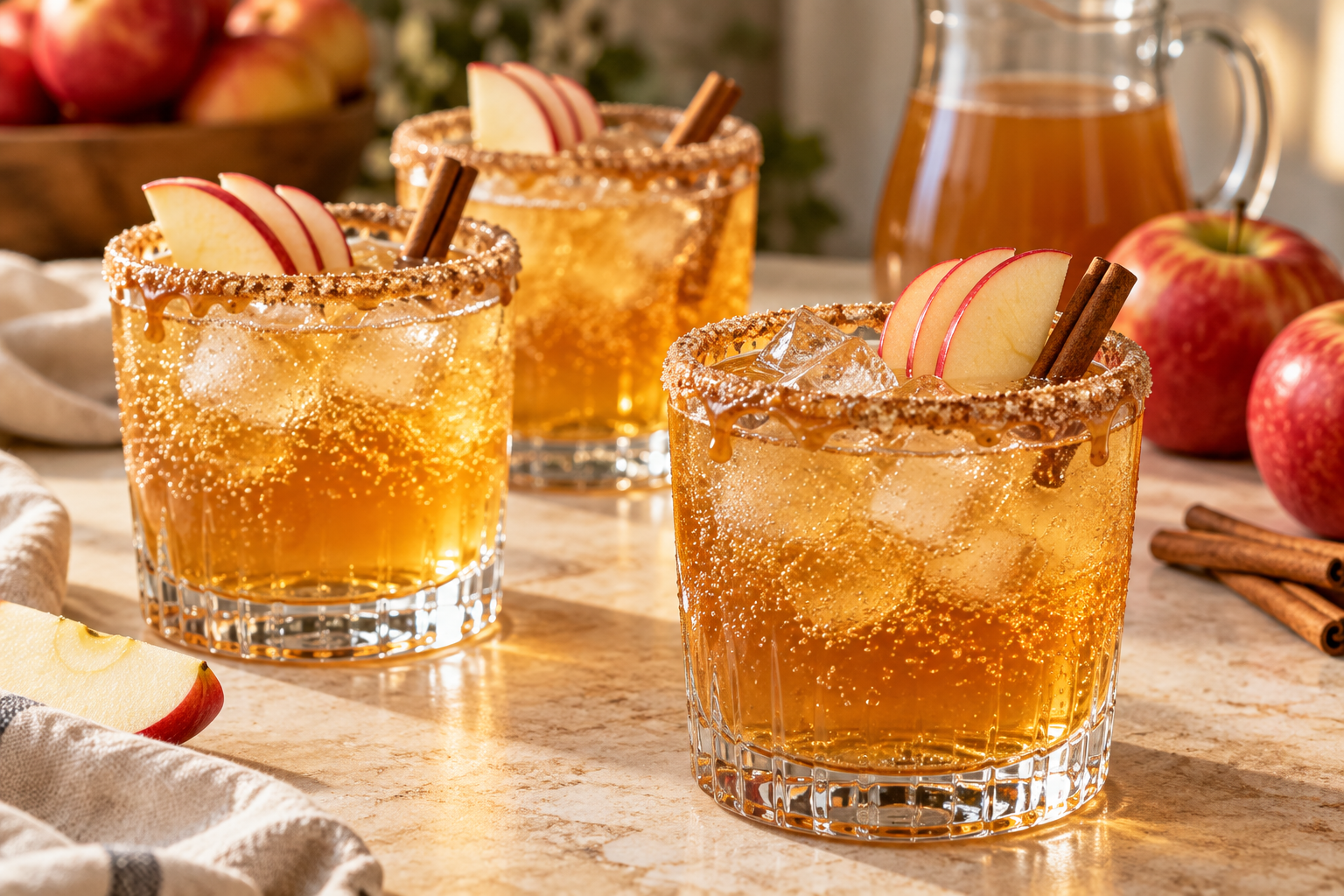 Sparkling caramel apple cider mocktails with apple slices and cinnamon sticks
