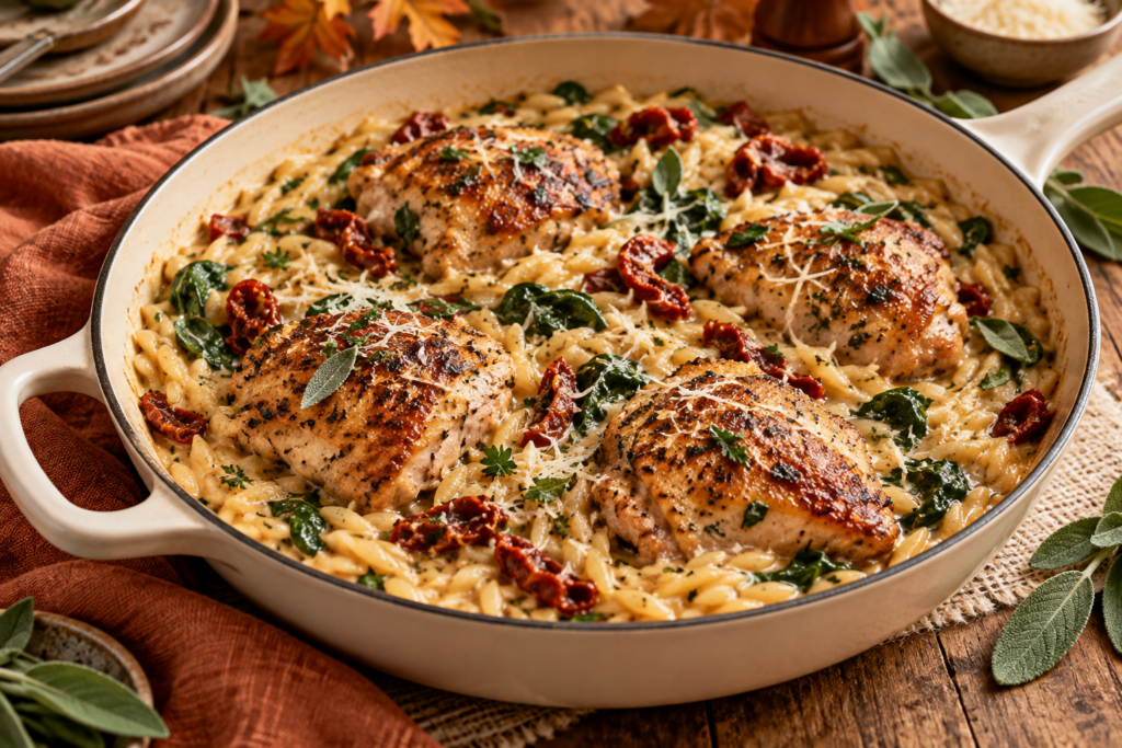 Creamy Tuscan chicken orzo with spinach and sun-dried tomatoes