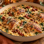 Creamy Tuscan chicken orzo with spinach and sun-dried tomatoes